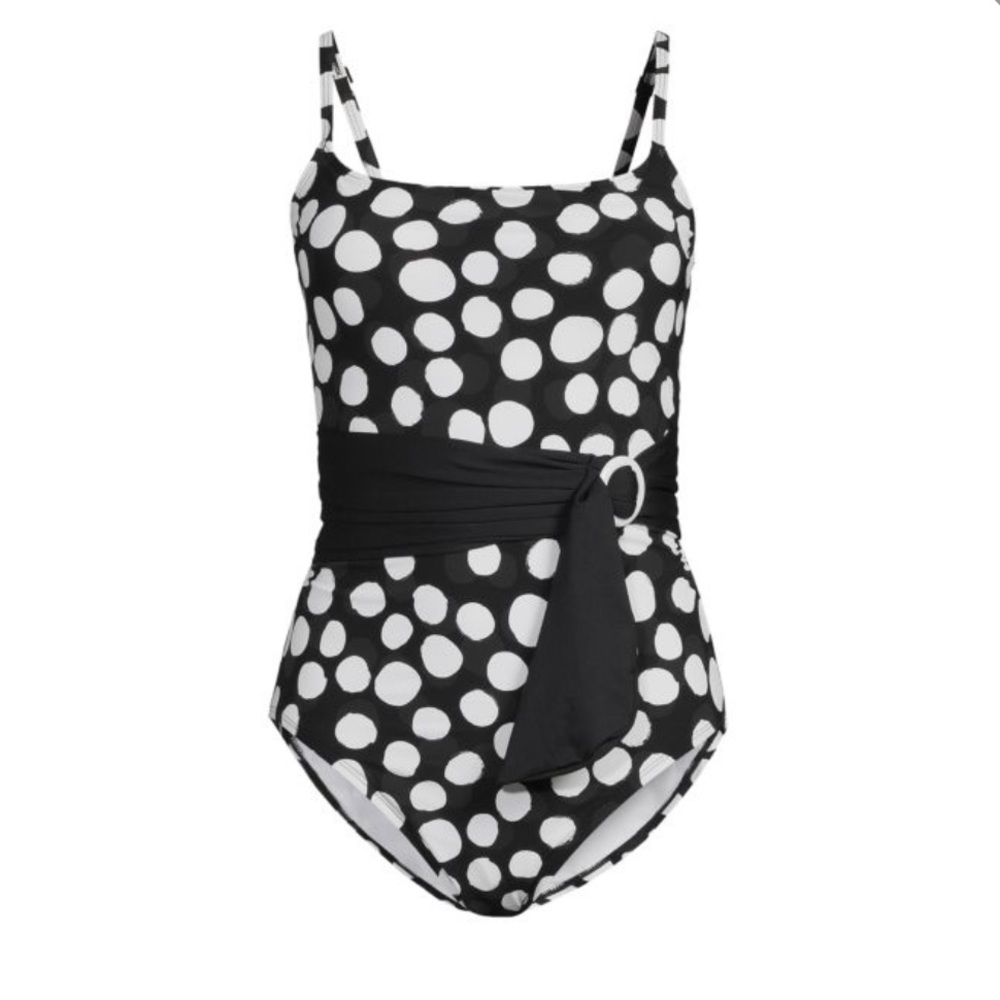 NEW! LA BLANCA Mod For Dot Print Belted One Piece Swimsuit Black White Size 10